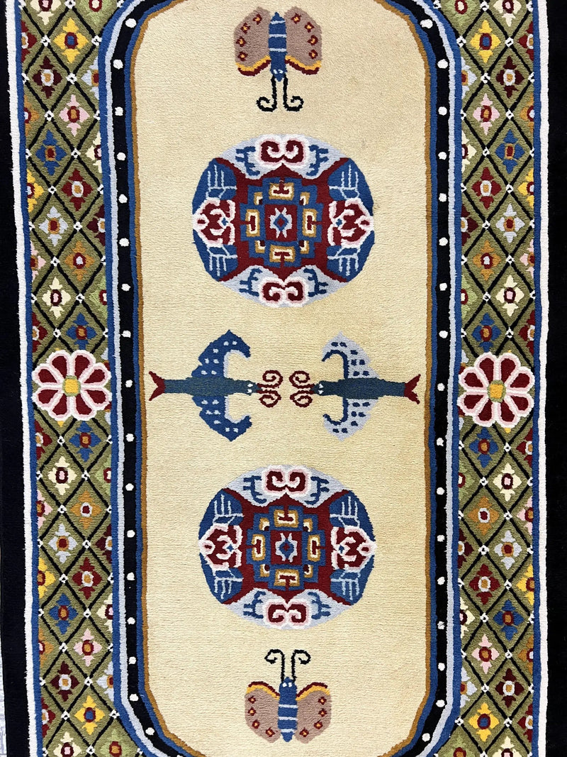 Chinese Rug 3x6 ft, Chinese Wool Rug, Tiensin Rug, Handmade Wool 3 x 6 Vintage Peking Rug, Art Deco Rug, Butterflies by Jewel Rugs