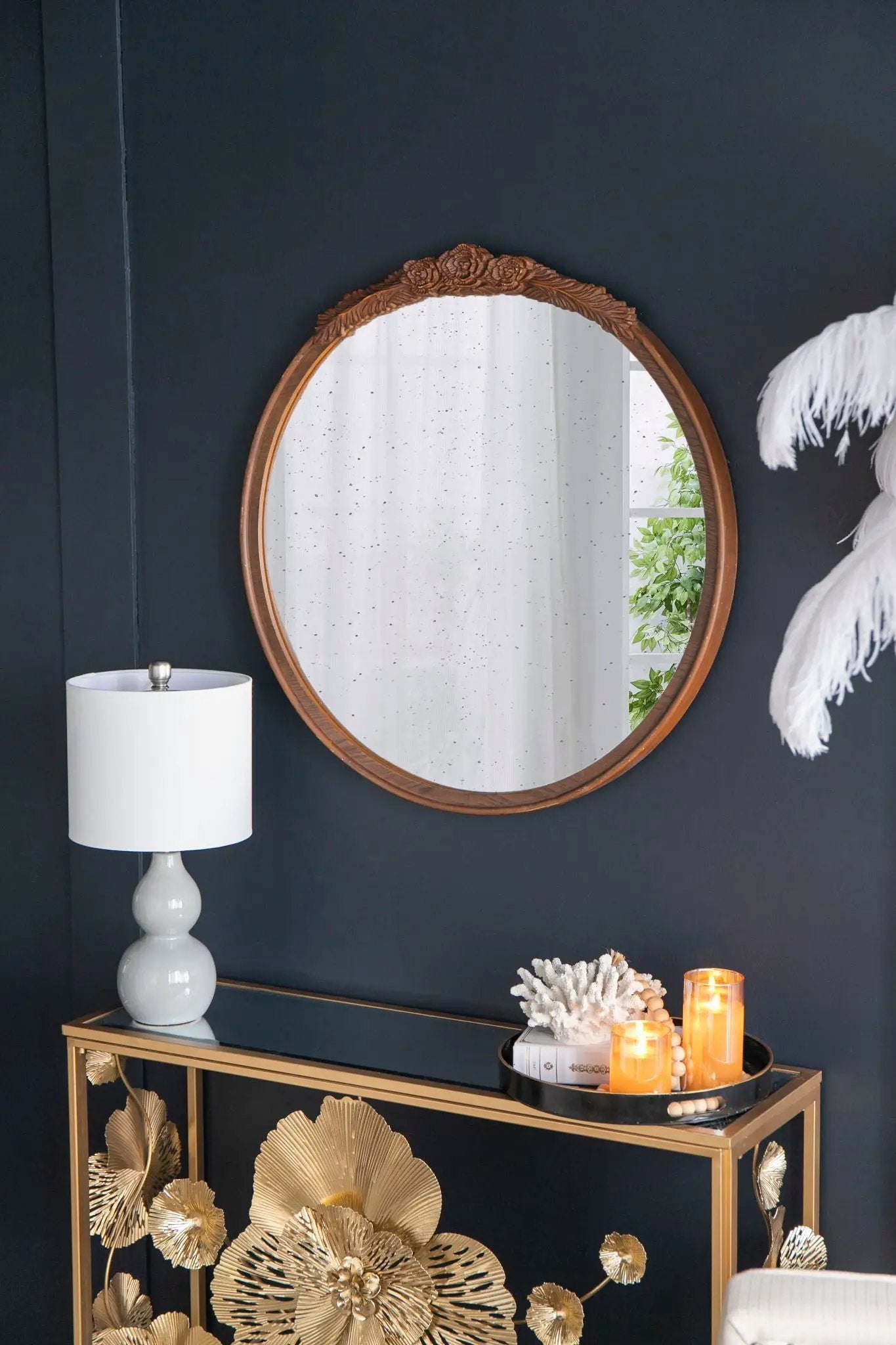 Round Hand Carved Rose Antique Mirror Frame, Wall Mirror For Live Space by Unique Piece Furniture