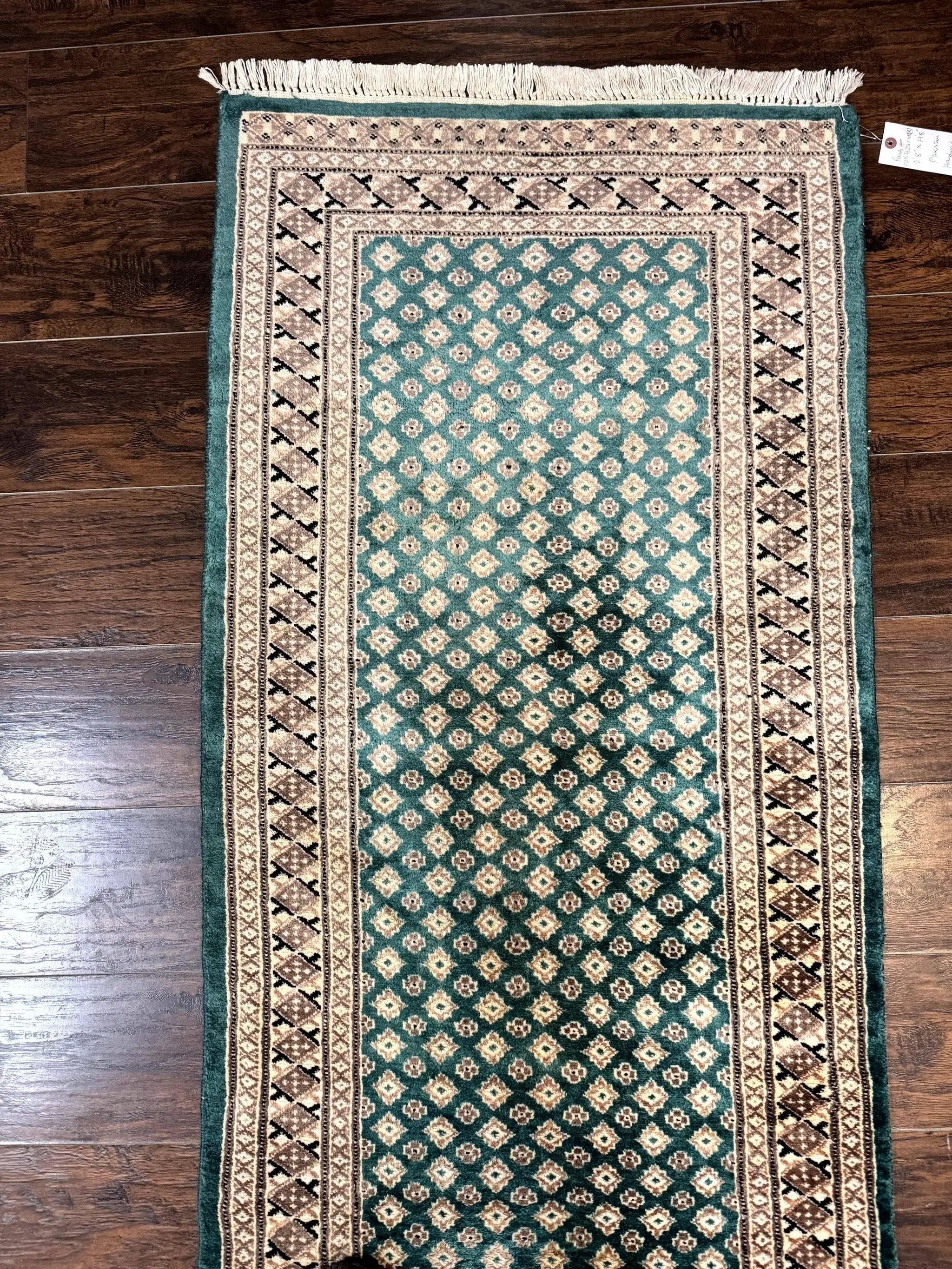 Long Pakistani Runner Rug 2.8 x 20, Hand Knotted Vintage Wool Hallway Rug, Turkoman Rug, Teal and Tan, Handmade Vintage Wool Runner by Jewel Rugs