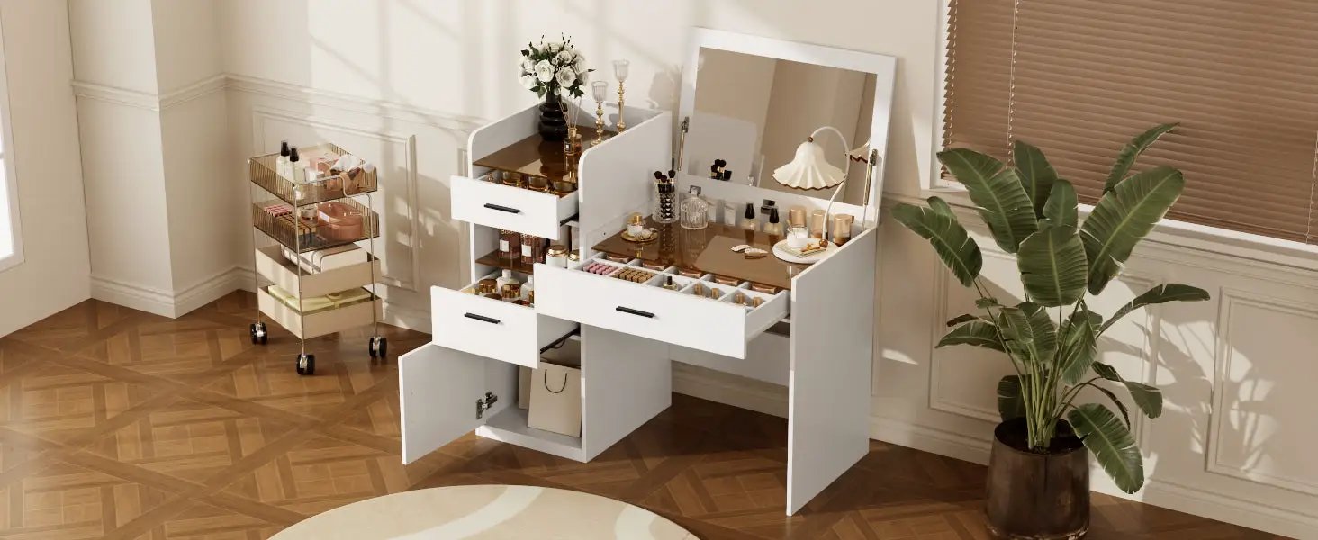3-in-1 Vanity Desk with Flip Top Mirror, Glass Top Compact Makeup Vanity & Hidden Storage by HouseOfZazla