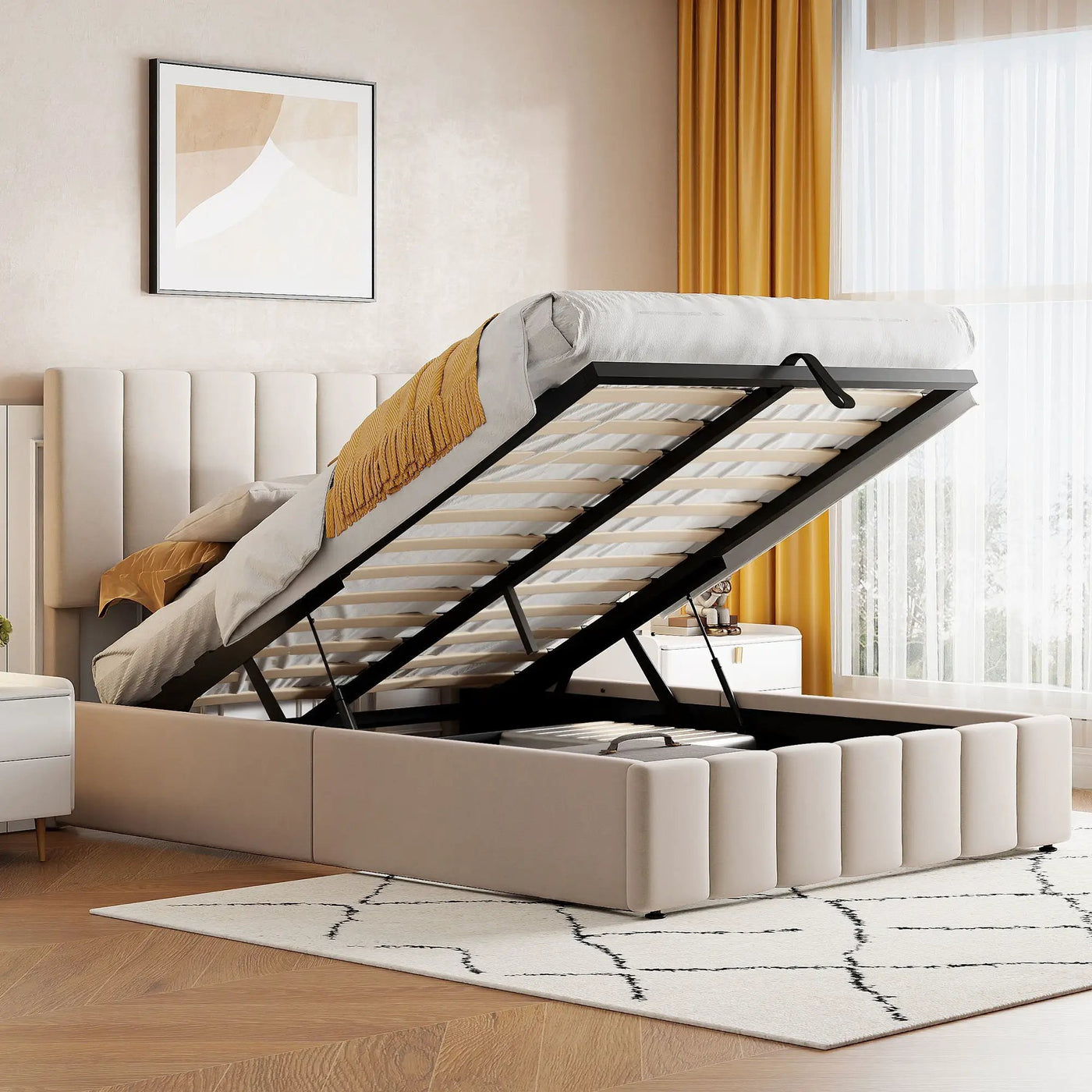 Elegant Upholstered Platform Bed With Hydraulic Storage System by Unique Piece Furniture