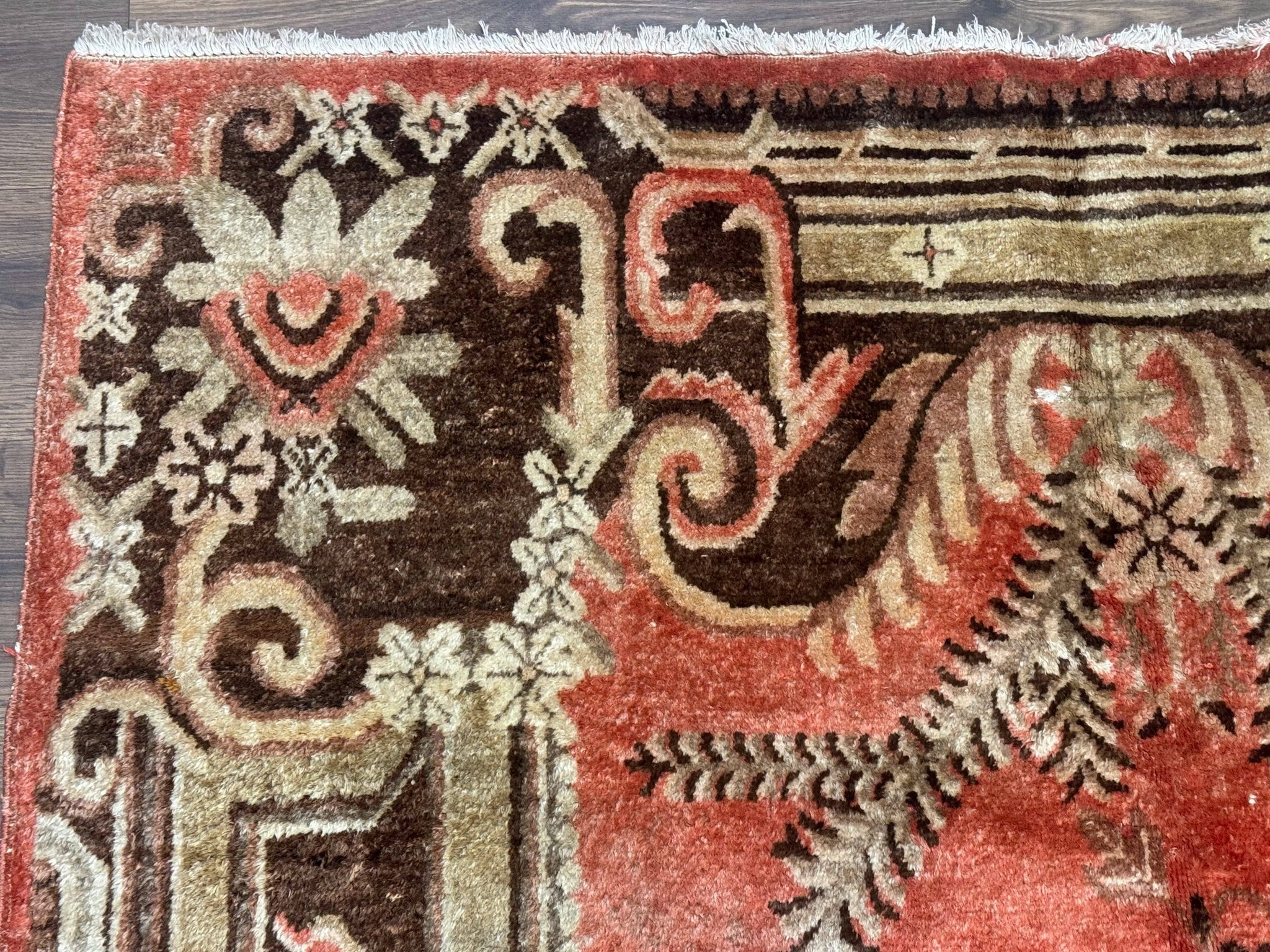 Khotan Rug 5x9, Terracotta and Brown, Floral, Chinese Wool Carpet, Antique Rug by Jewel Rugs