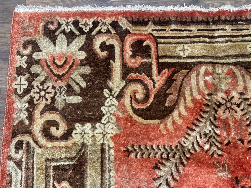 Khotan Rug 5x9, Terracotta and Brown, Floral, Chinese Wool Carpet, Antique Rug by Jewel Rugs