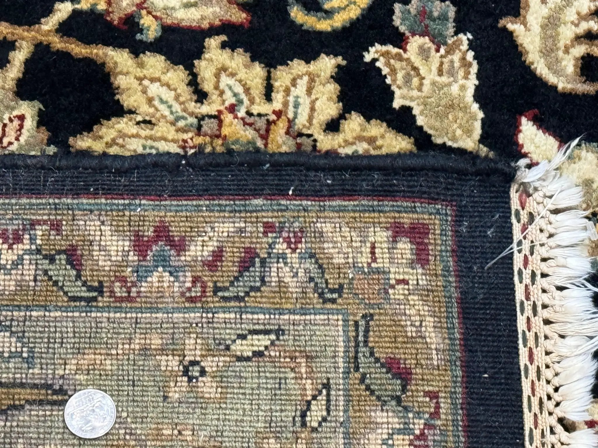 Indo Persian Rug 8x10, Black and Green, Wool, Handmade, Traditional, Floral Allover, Vintage by Jewel Rugs