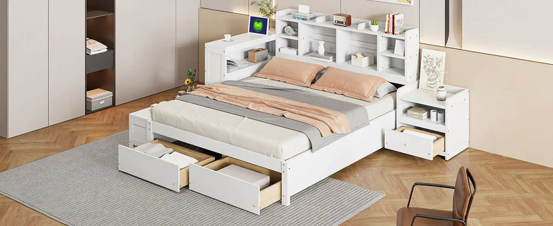Platform Bed With Multi Functional Storage Space, Nightstand, 2 Drawers, USB Ports And Desk
