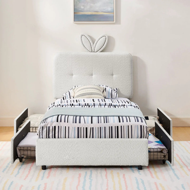 Upholstered Bed With Oversized Rabbit Ear Headboard, LED Lights & 4 Storage Drawers by HouseOfZazla