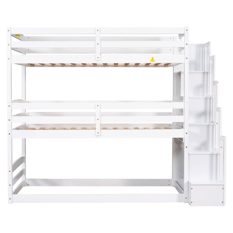 Twin Size Triple Bunk Bed With Storage Staircase, Separate Design - White by Unique Piece Furniture