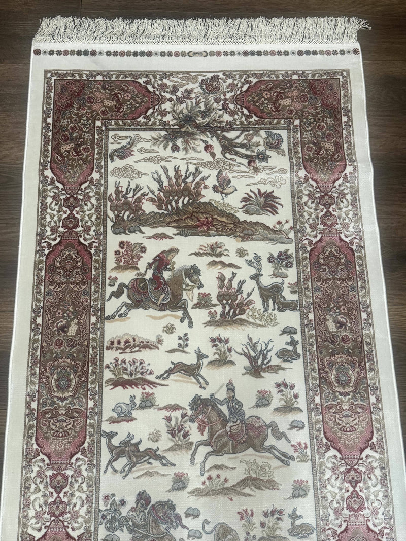Turkish Silk Runner Rug 2.6 x 8, Hunting Design, Ivory, Bamboo Silk, New by Jewel Rugs