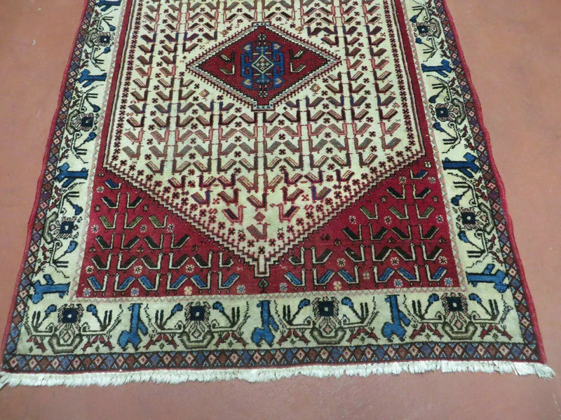 3' X 5' Vintage Handmade India Geometric Oriental Wool Rug Nice Birds Ivory Red by Jewel Rugs