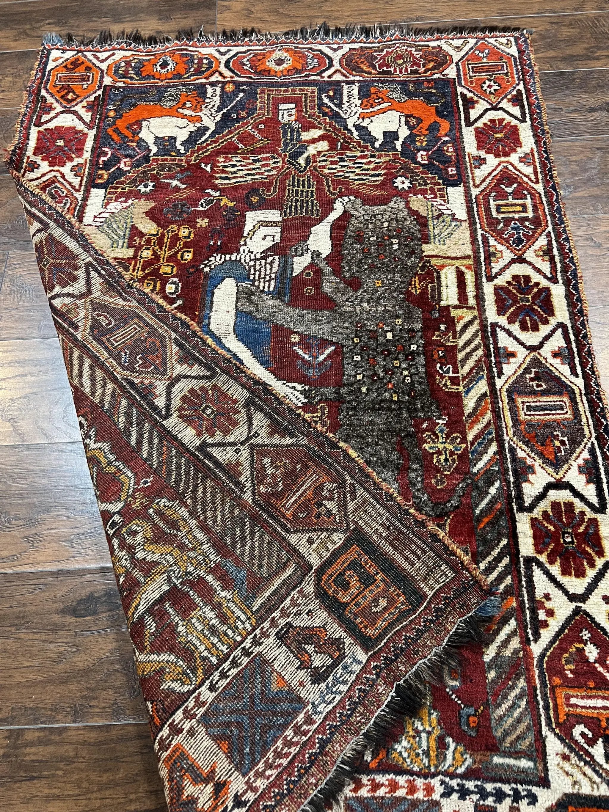 Antique Persian Shiraz Pictorial Rug 3.6 x 5, Persian Tribal Rug, Handmade, Lions, Highly Unique Collectible Small Persian Carpet, Maroon, Wool by Jewel Rugs