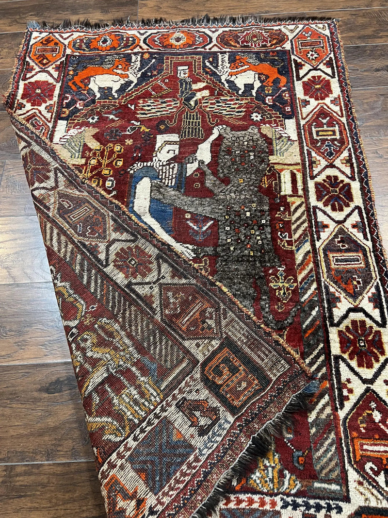 Antique Persian Shiraz Pictorial Rug 3.6 x 5, Persian Tribal Rug, Handmade, Lions, Highly Unique Collectible Small Persian Carpet, Maroon, Wool by Jewel Rugs