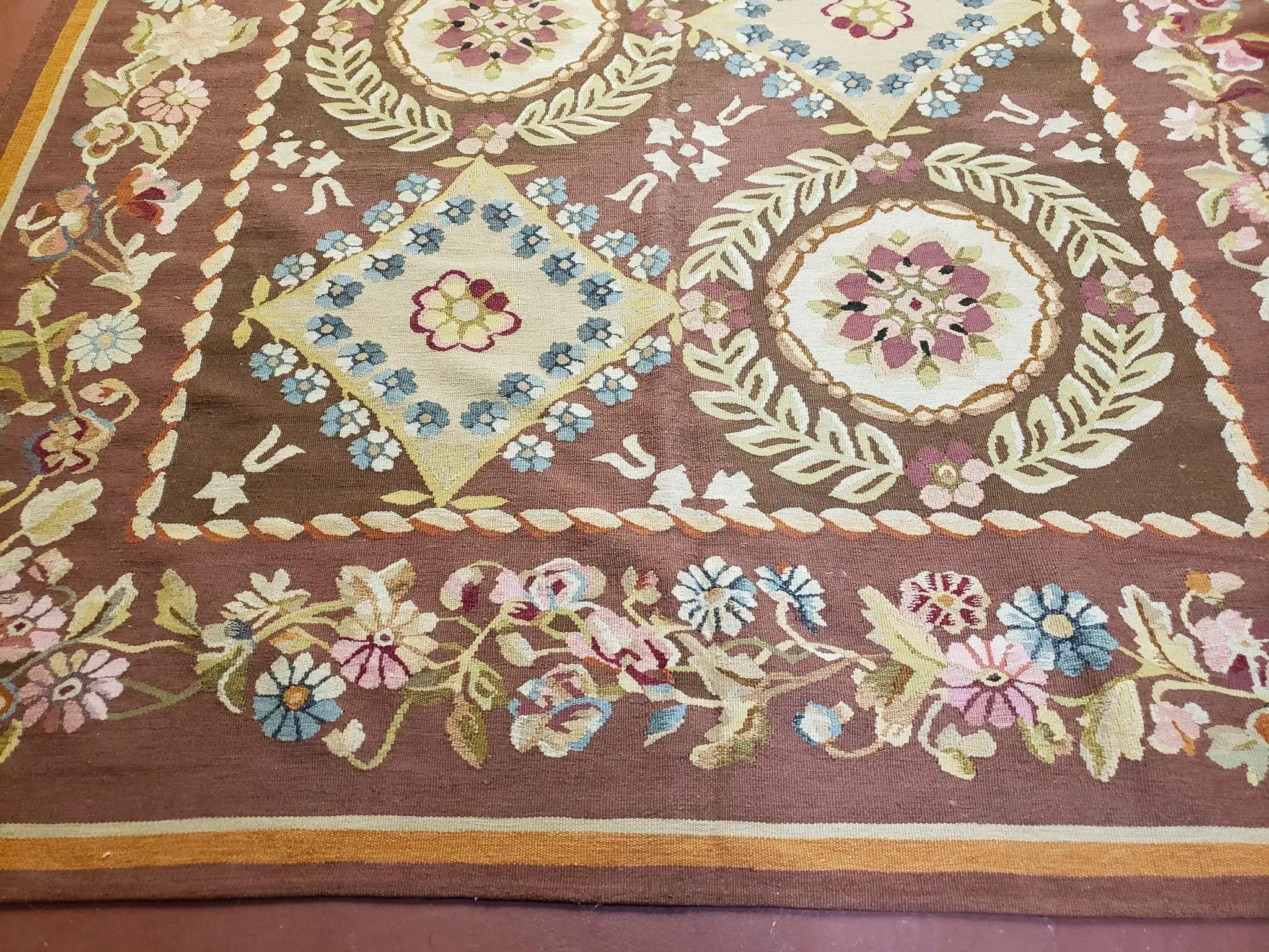 Aubusson Rug 6 x 9 Flat Weave Area Carpet European Design Flowers New Brown Rug Handmade Wool Hand-Knotted Aubusson Weave Medium Rug 6x9 by Jewel Rugs