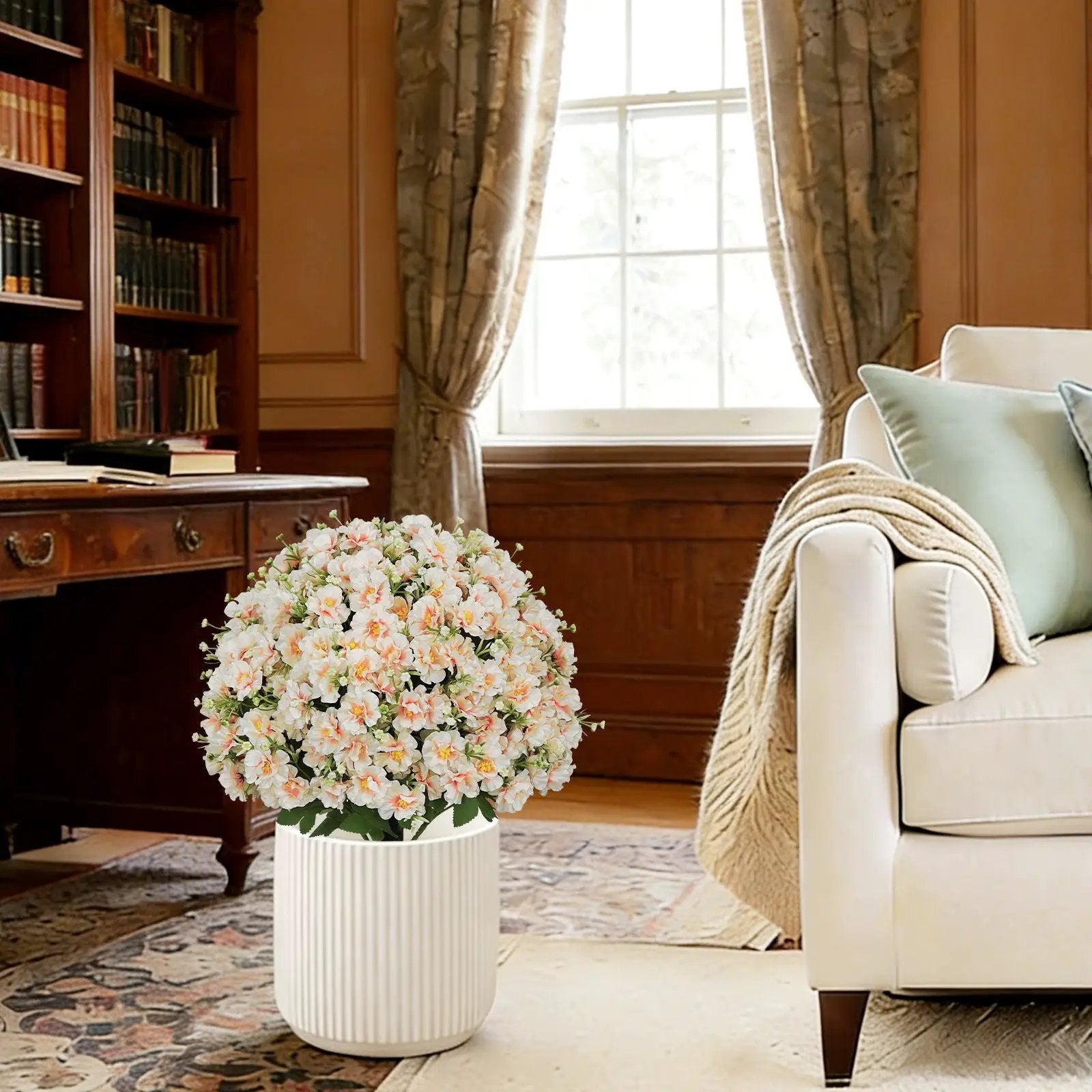 Artificial Snow Lotus Potted Plant, Artificial Floral Decor For Indoor & Outdoor Spaces - White / Pink by Unique Piece Furniture
