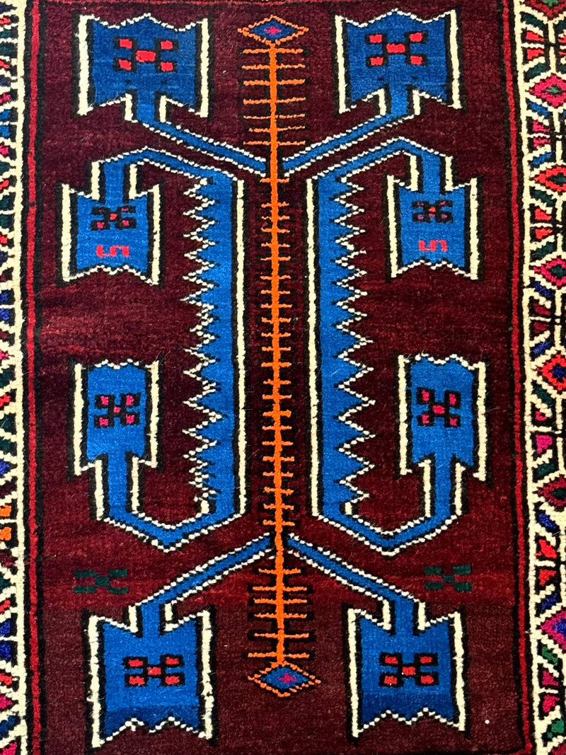 Persian Tribal Rug 1.8 x 2, Small Balouchi Rug, Unique Design, Burgundy and Blue by Jewel Rugs