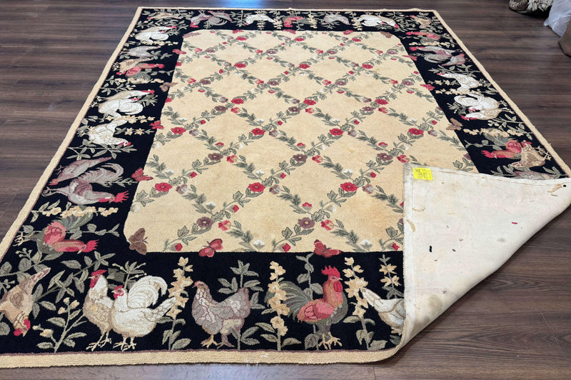 Vintage Hooked Rug 7x9, Rosters in Border, Roses and Butterflies by Jewel Rugs