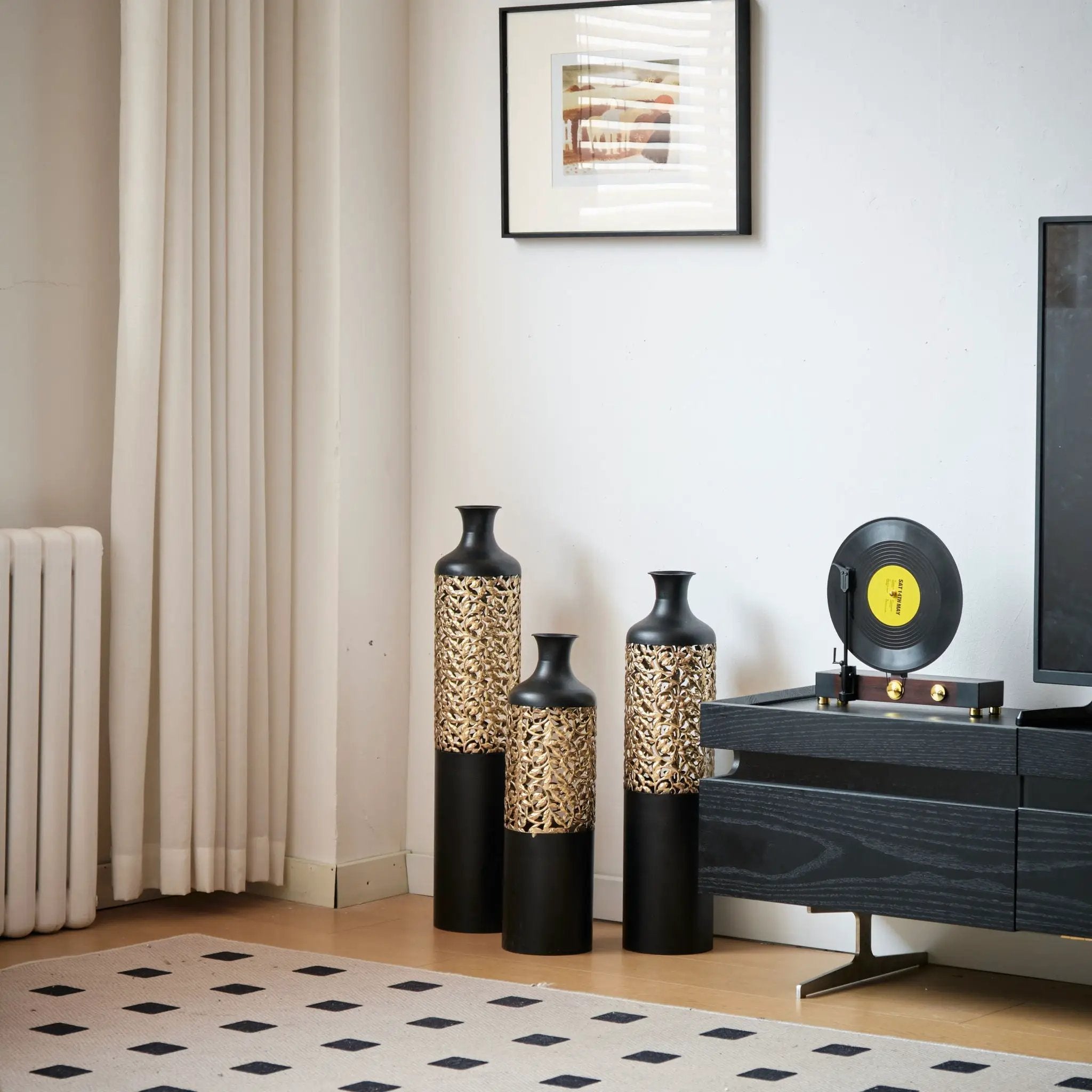 Floor Metal Vases Decorated Metal Vases (Set of 3) Gorgeous Home Decoration Large Glazed Metal Vases - Black / Gold by HouseOfZazla