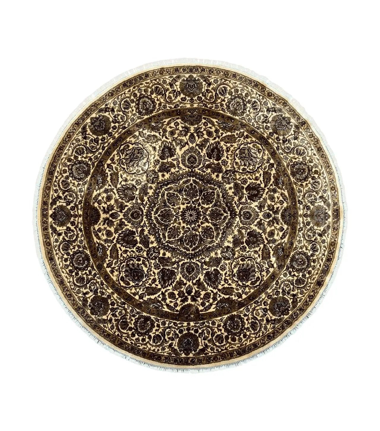 Round Indo Persian Rug 8x8 ft, Large Hand Knotted Vintage Wool Circular Carpet, 8ft Round Oriental Rug, Floral Medallion, Cream and Green by Jewel Rugs