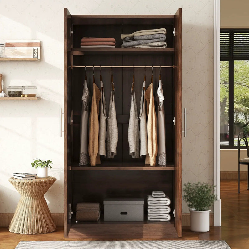 2 Door Wooden Wardrobe Armoire With 3 Storage Shelves - Brown by HouseOfZazla