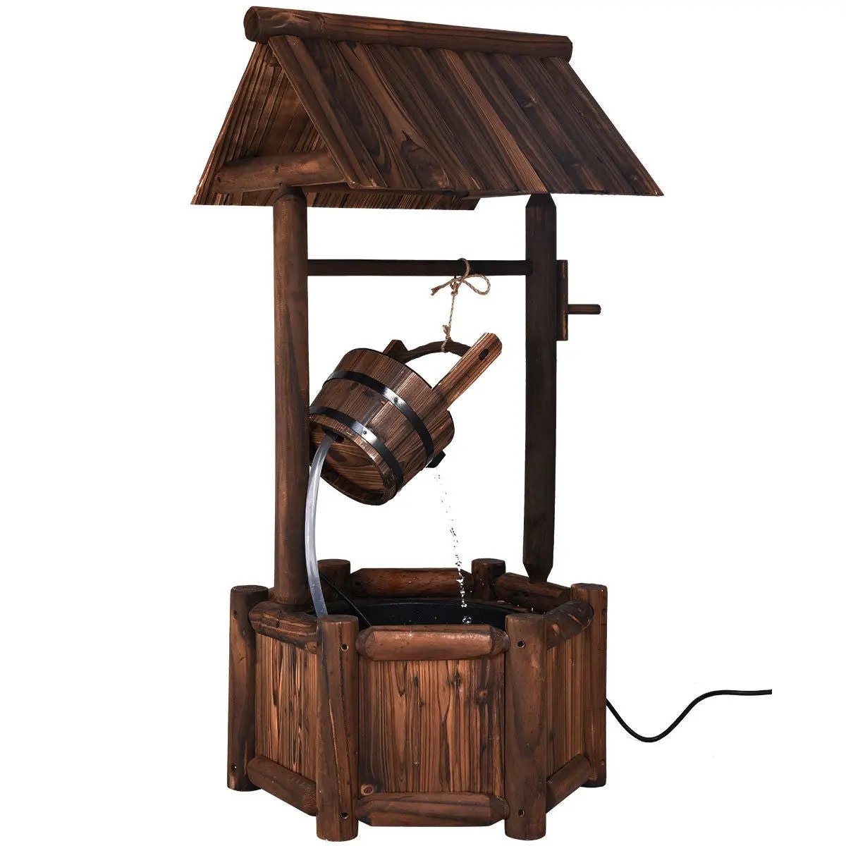 Garden Rustic Wishing Well Wooden Water Fountain with Pump by DirectDeals