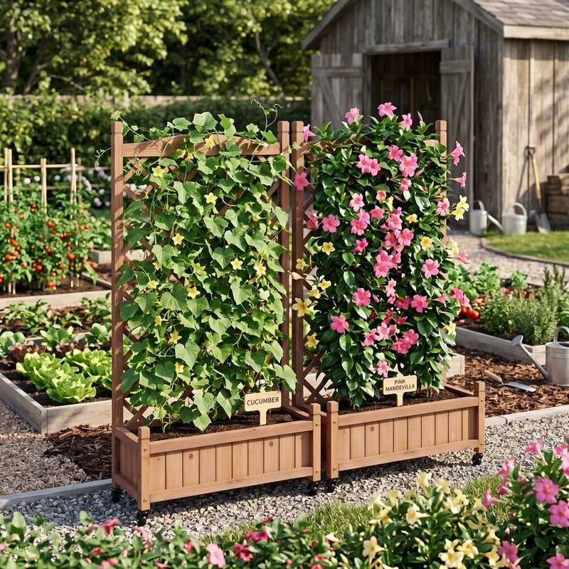 Raised Garden Bed With Trellis 2 Pack, Outdoor Planter Box & Plant Stand With Climbing Racks - Brown by HouseOfZazla