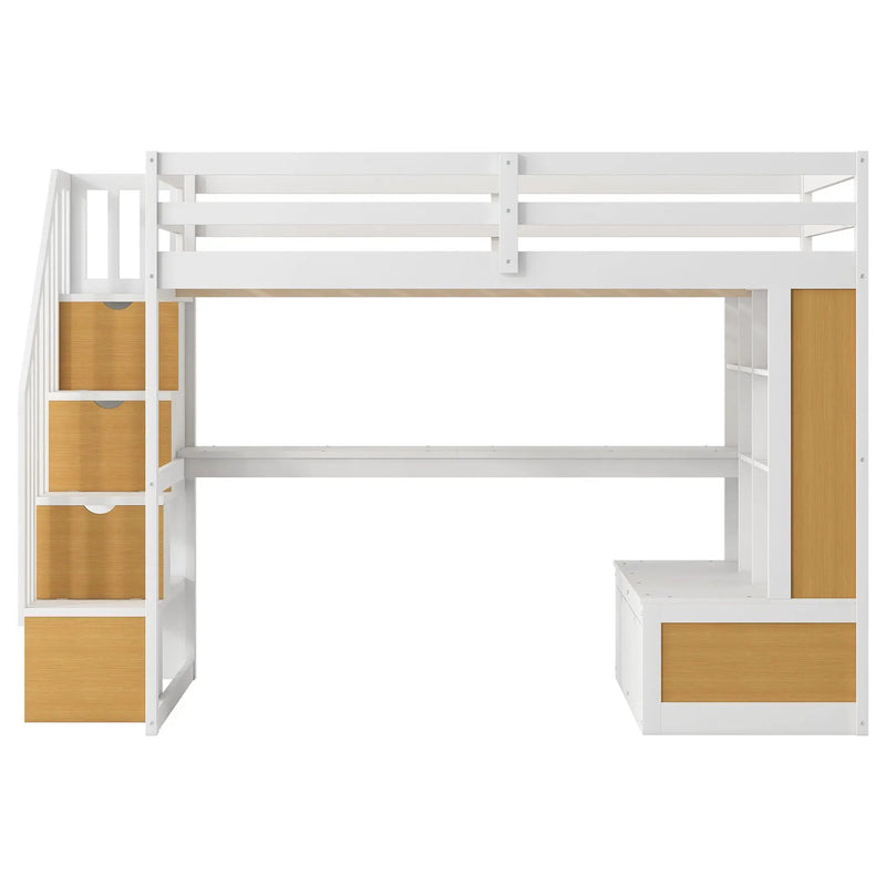 Full Size Loft Bed With Desk And Shelves, 2 Built In Drawers, Storage Staircase - Natural / White by HouseOfZazla