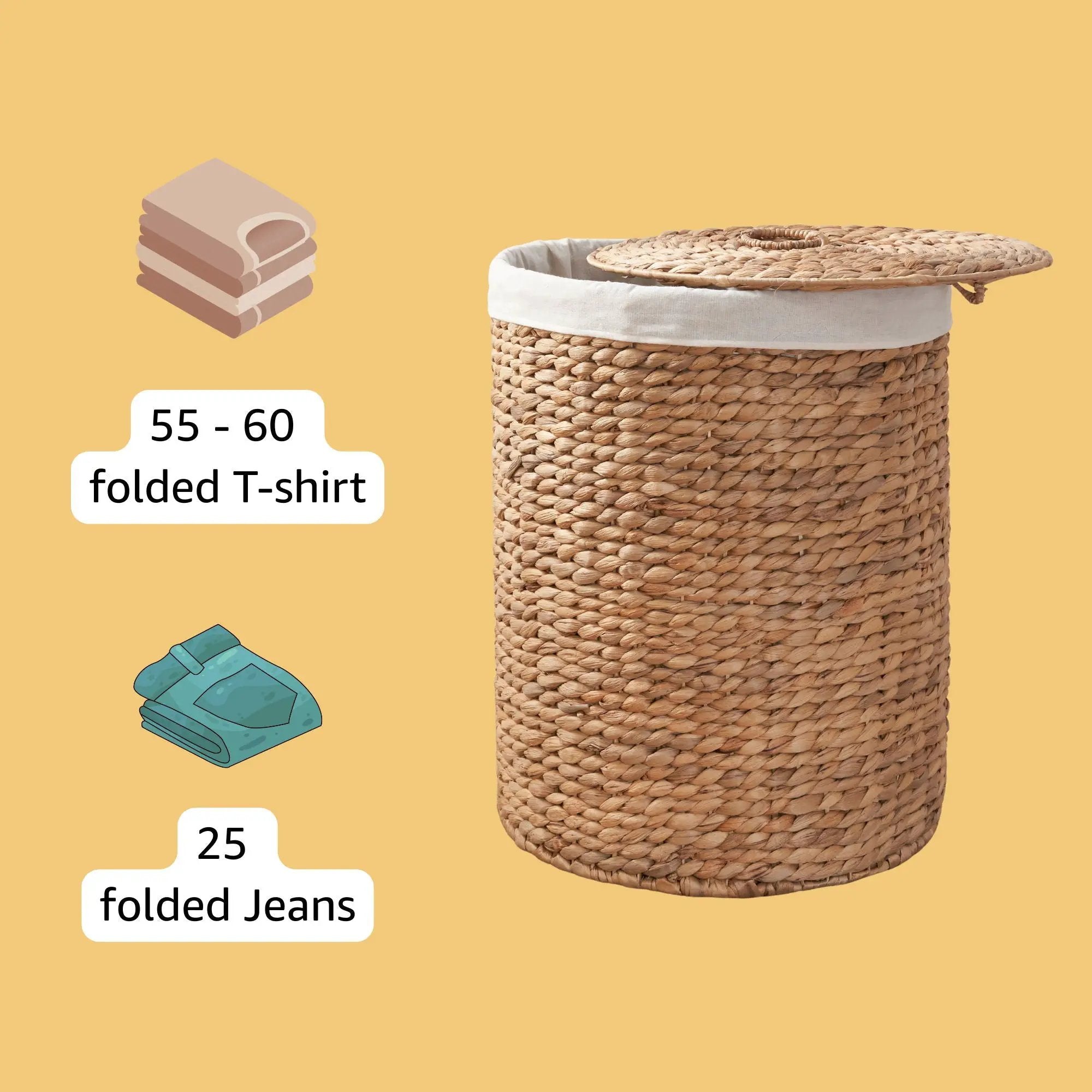 Round Tall Water Hyacinth Woven Wicker Laundry Hamper With Lid - For Clothes, Toys And Book Storage With Removable Liner - 15" X 15" X 20" - Natural Brown by HouseOfZazla