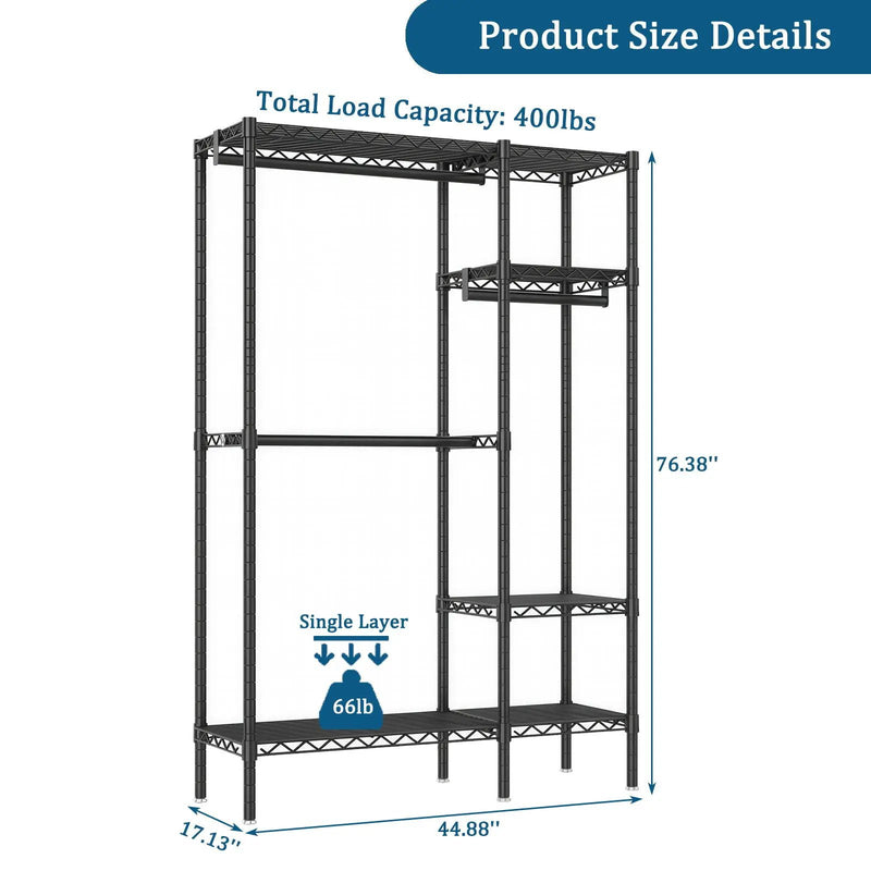 Freestanding Clothes Rack, With 6 Adjustable Wire Shelves And 3 Garment Rails - Black by Unique Piece Furniture