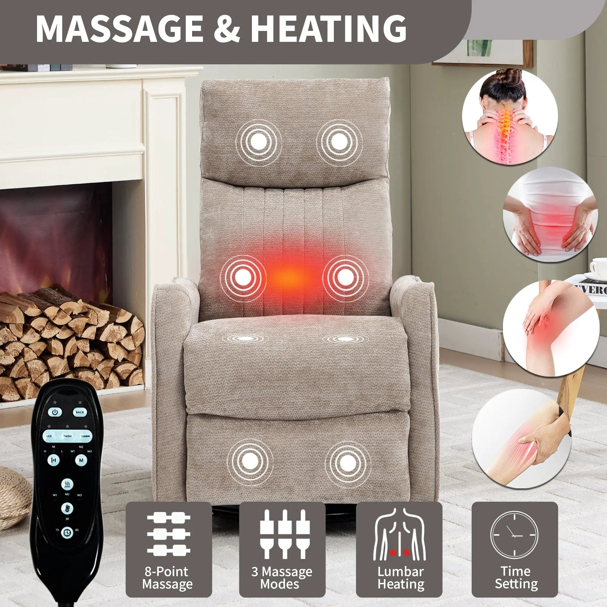 Khaki Heat Massage Manual Recliner Chair with Rocker and Swivel in Fabric for Living Room by HouseOfZazla