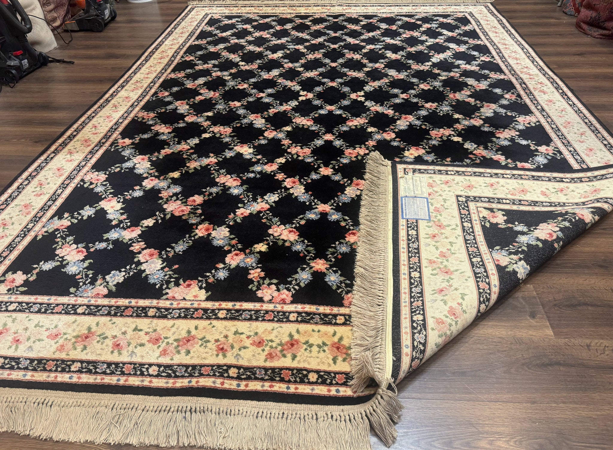 8.8 x 12 Karastan Garden of Eden Rug, Ebony Trellis #509/1270, Black, Floral, Wool Pile, Vintage, Discontinued by Jewel Rugs