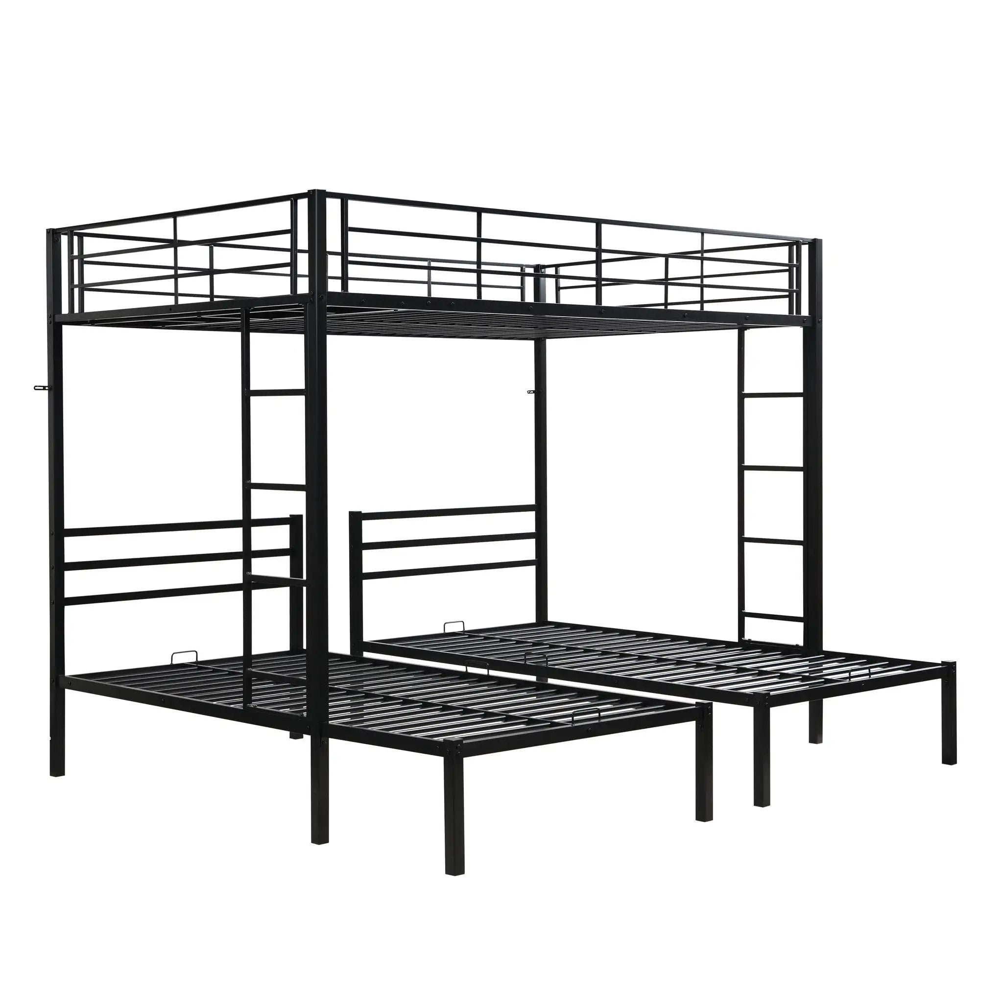 Modern Metal Triple Bunk Bed With Vertical Ladder, Safety Rail, And Storage Shelf - Black by HouseOfZazla