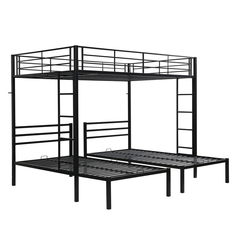 Modern Metal Triple Bunk Bed With Vertical Ladder, Safety Rail, And Storage Shelf - Black by HouseOfZazla