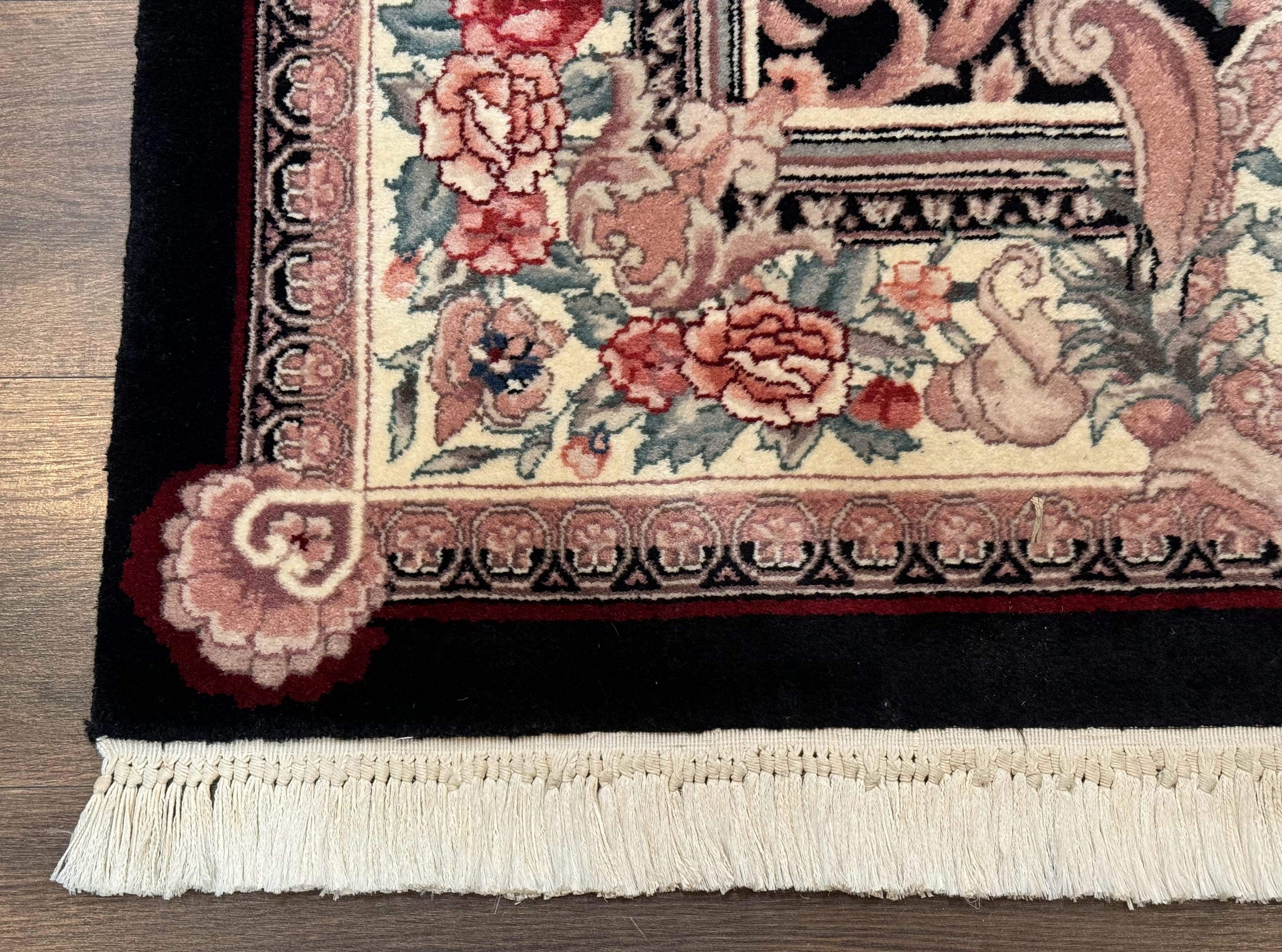 Aubusson Rug 4x6, Elegant European Floral Design, Black and Ivory, Fine 200 KPSI by Jewel Rugs