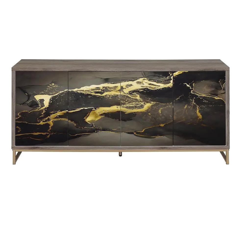 Payo - Console Cabinet - Black Marble Print Oak & Champagne by Unique Piece Furniture