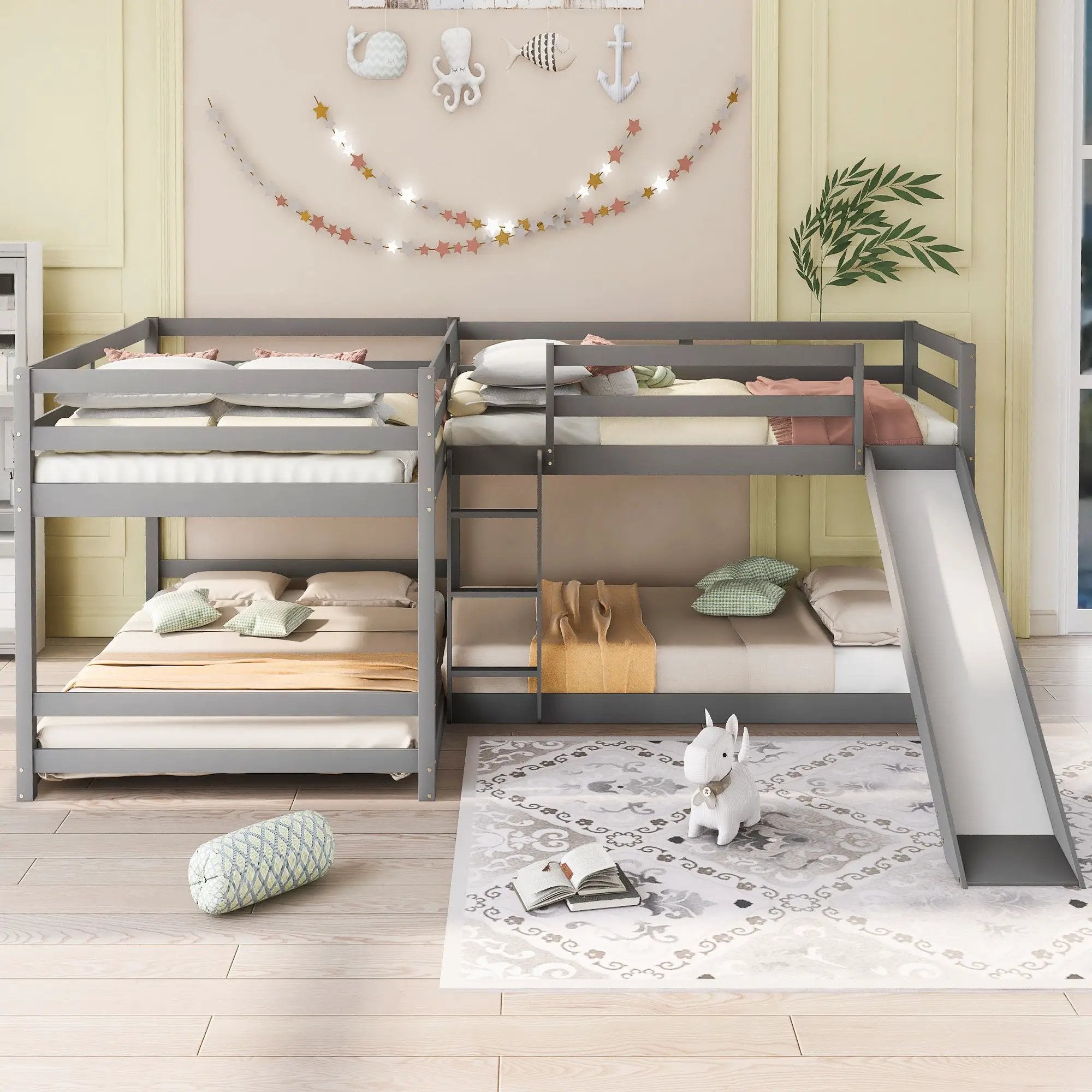 L-Shaped Bunk Bed With Slide And Short Ladder by Unique Piece Furniture