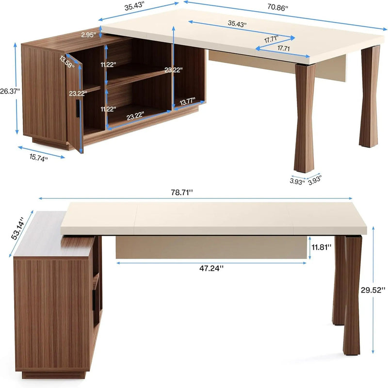 L-Shaped Executive Desk With Storage Cabinet, Home Office Workstation With Shelves - White / Walnut by HouseOfZazla