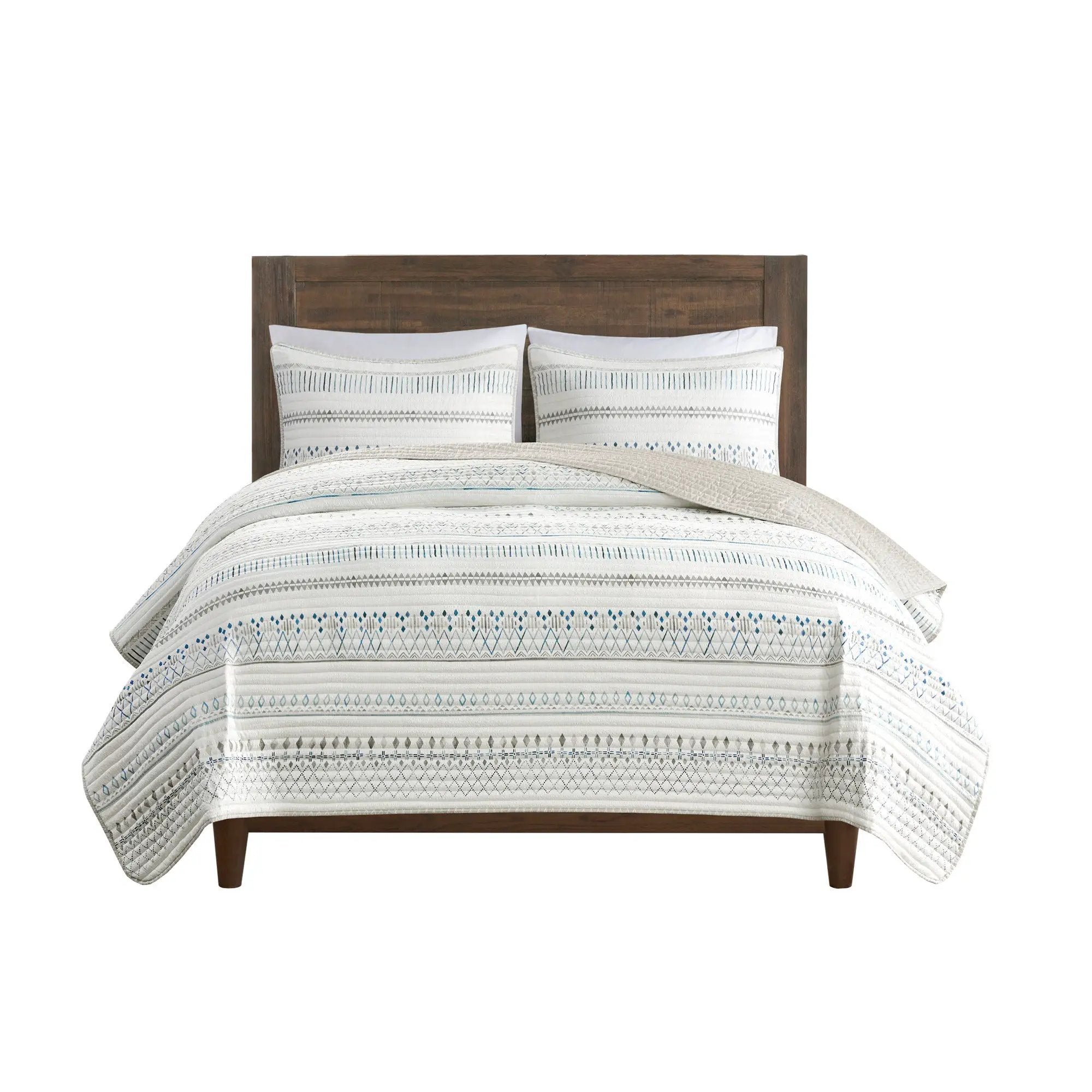 3 Piece Printed Microfiber Seersucker Quilt Set Taupe/Blue Full/Queen by HouseOfZazla