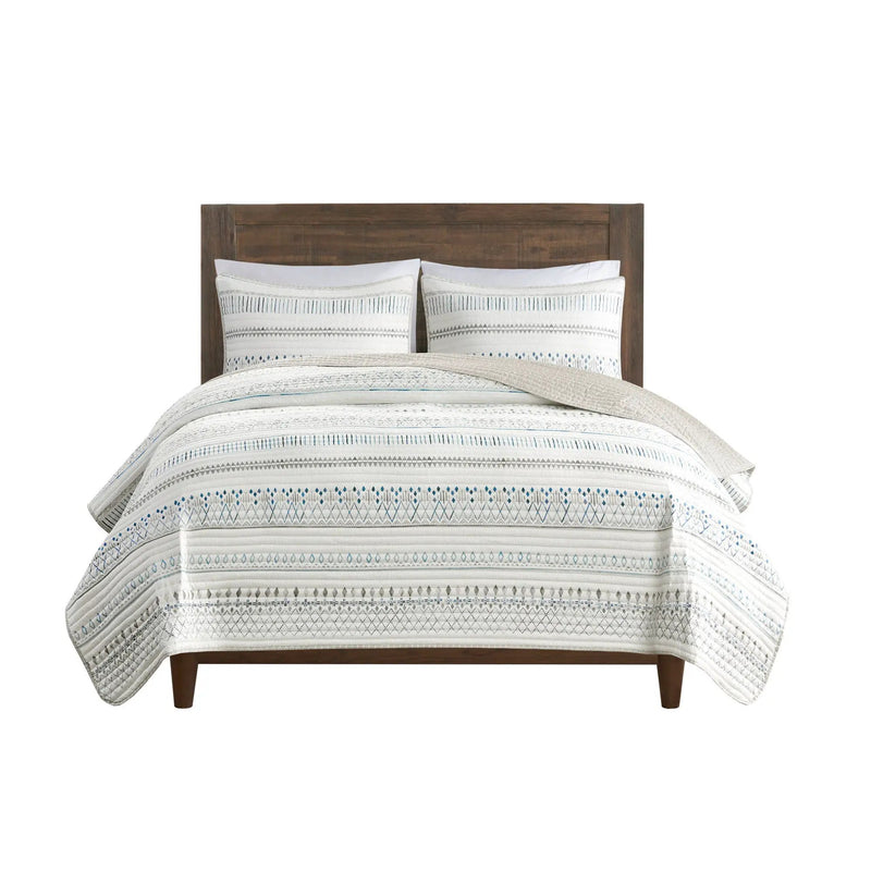 3 Piece Printed Microfiber Seersucker Quilt Set Taupe/Blue Full/Queen by HouseOfZazla
