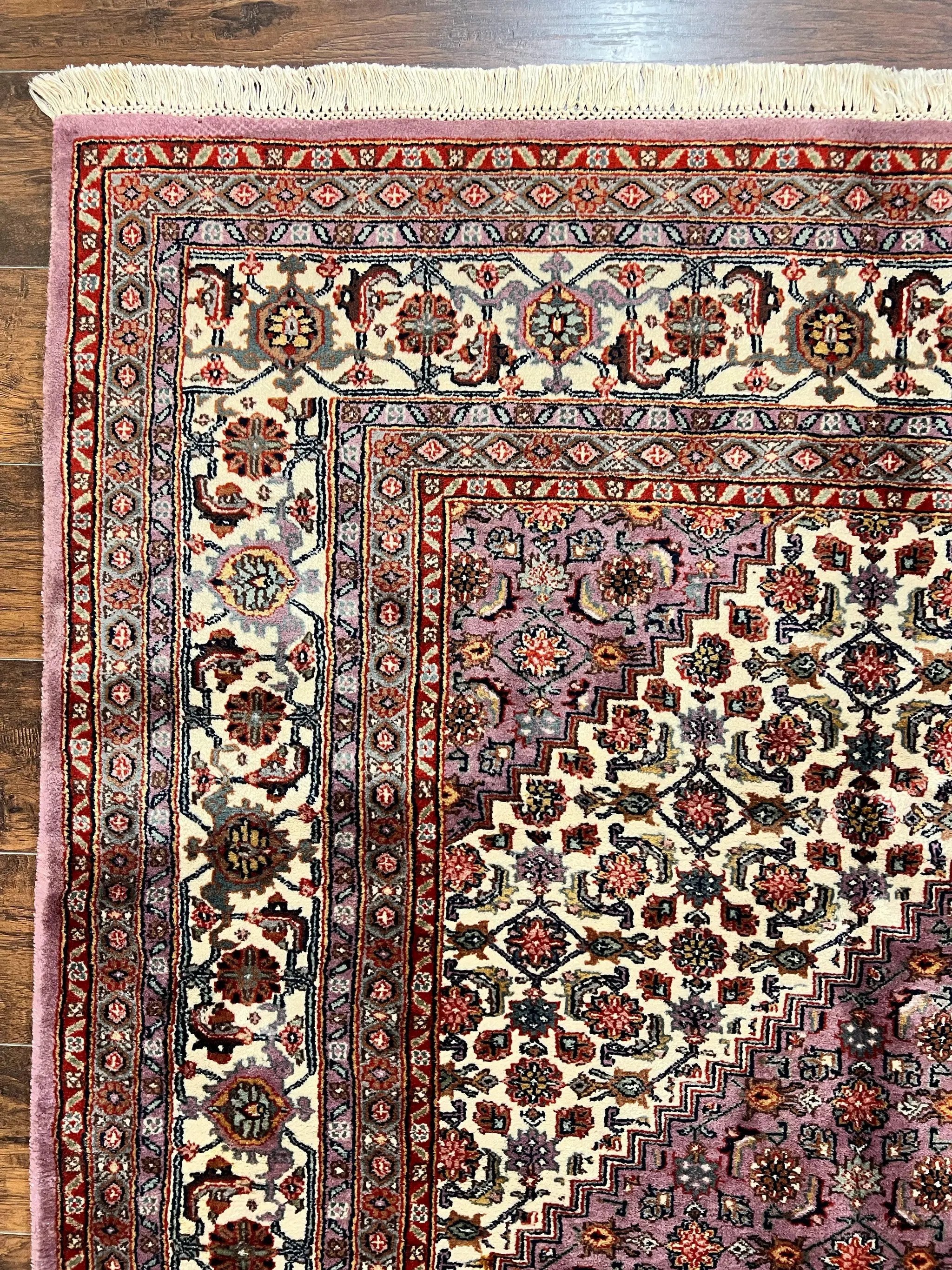 Indo Persian Bidjar Rug 8x10, Purple and Ivory Hand Knotted Wool Vintage Oriental Carpet, Herati Mahi Pattern, 8 x 10 Traditional Fine Rug by Jewel Rugs