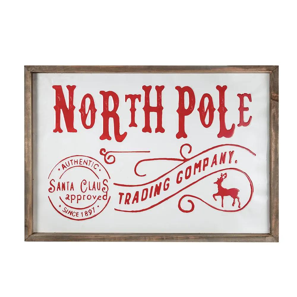 Iron / Wood North Pole Trading Company Wall Sign, For Christmas Holiday Table Wall Decor - White / Red by Unique Piece Furniture