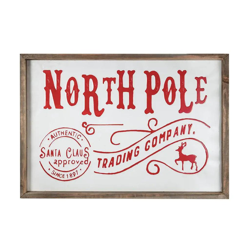 Iron / Wood North Pole Trading Company Wall Sign, For Christmas Holiday Table Wall Decor - White / Red by HouseOfZazla