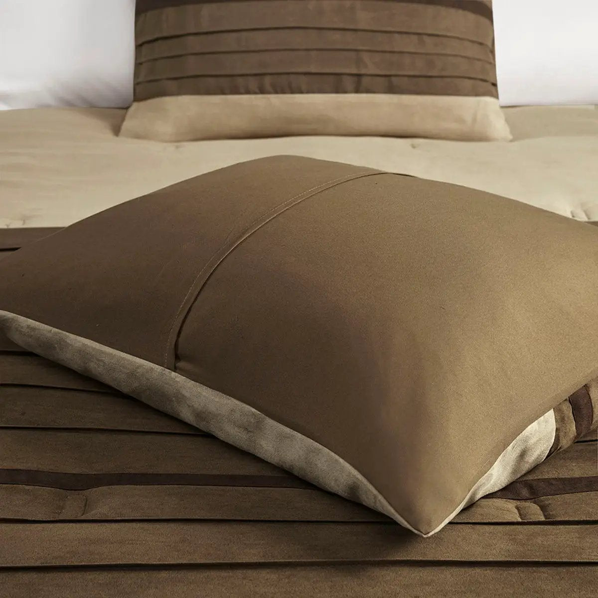 7 Pc Pieced Faux Suede Comforter Set Natural Cal King by HouseOfZazla