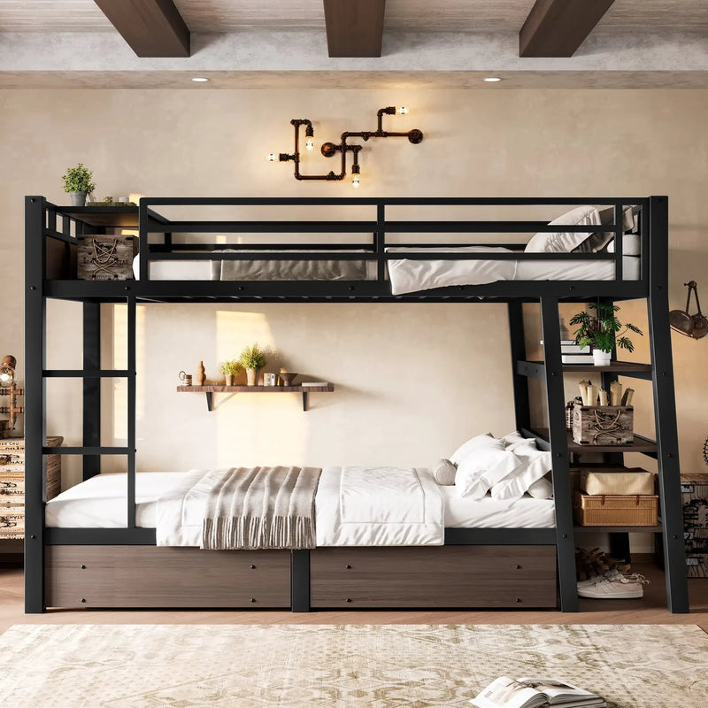 Twin Size Metal Bunk Bed with Storage Shelves, LED Light Strip, and USB Power Strip by HouseOfZazla