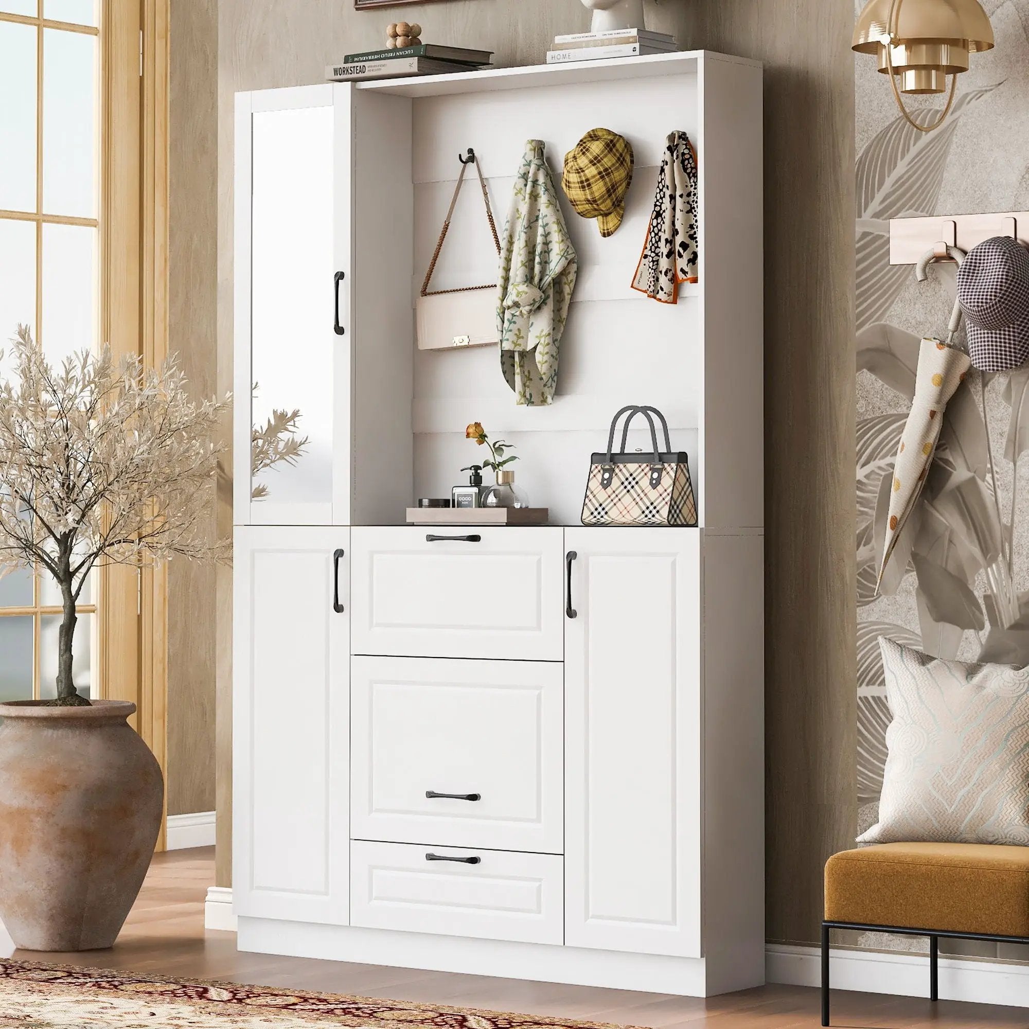 Entryway Bench With Integrated Shoe Cabinet, 3 In 1 Design And Mirrored Cabinet Door, Hall Tree With 4 Sturdy Hooks And Foldable Seat For Entrance, Living Room - White by HouseOfZazla