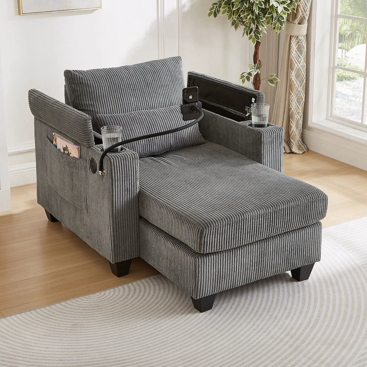 Convertible Chaise Lounge Sofa Chair With USB Ports, Cup Holders, Phone Holder And Storage by Unique Piece Furniture