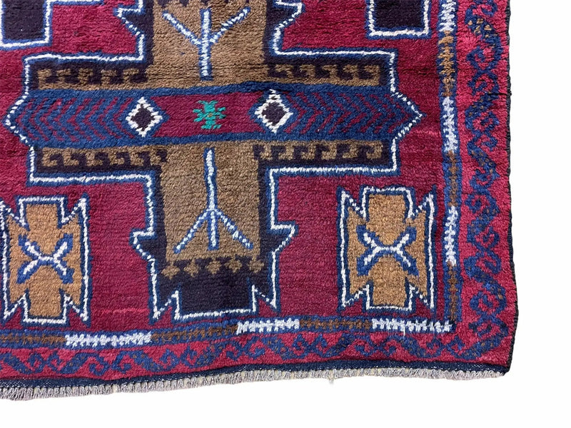 2' 10" X 4' 9" Vintage Handmade Tribal Wool Rug Balouchi Rug Afghan Rug Red Blue by Jewel Rugs