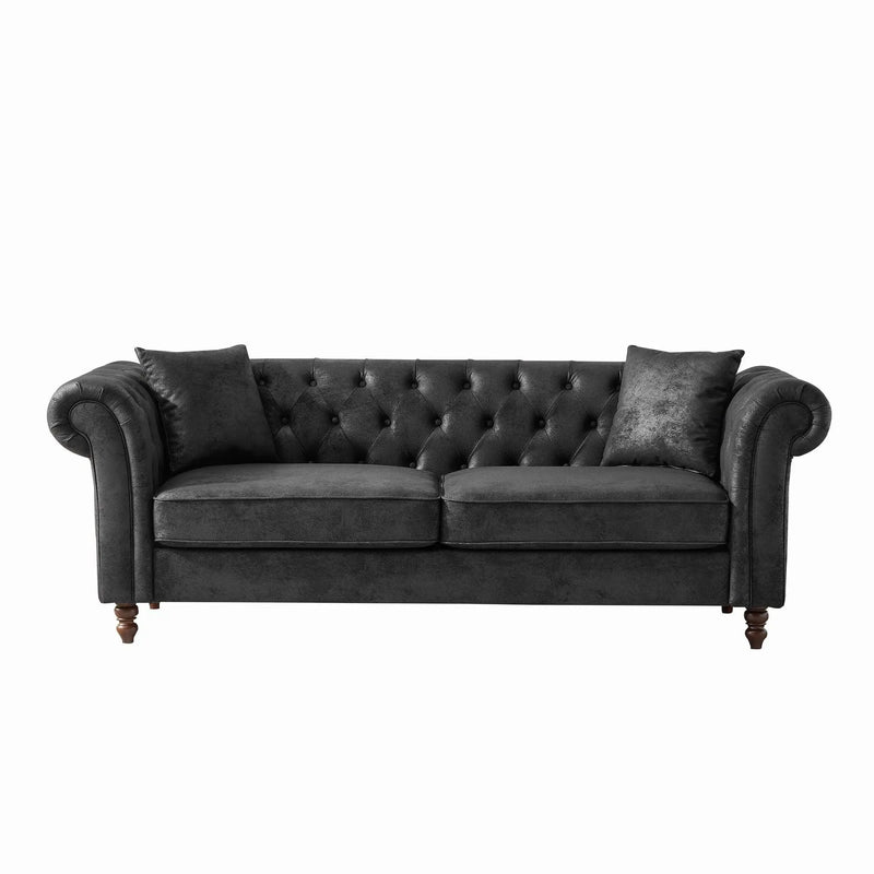 Chesterfield Sofa, High Tech Fabric Roll Armrest, 3 Seater Mid Century Modern Couch - Black by HouseOfZazla