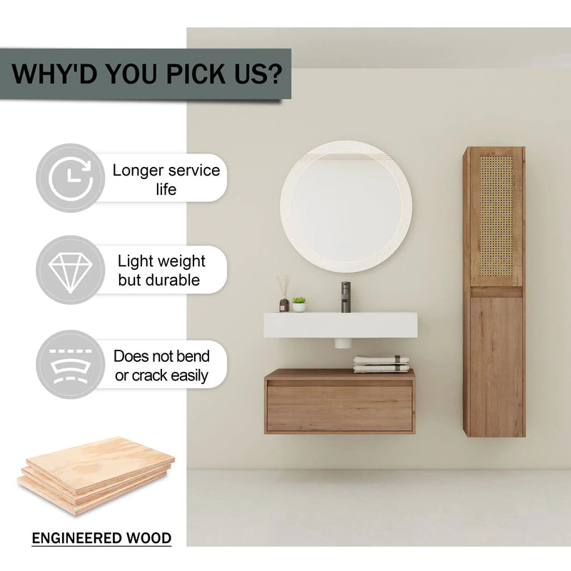 Contemporary Wall Mounted Bathroom Vanity With Resin Sink And 2 Side Cabinet - Imitative Oak by HouseOfZazla