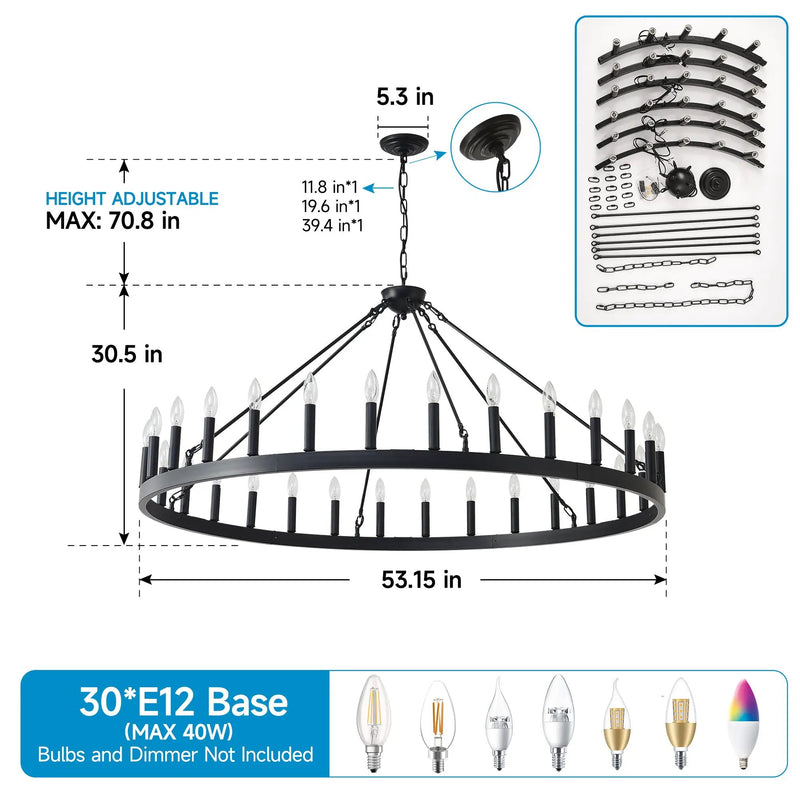 53.15 Inch Matte Black Wagon Wheel Chandelier with 30 Lights by HouseOfZazla