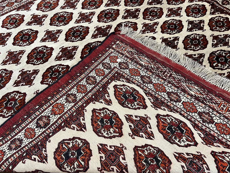 Persian Turkoman Rug 7x8, Almost Square Rare, Hand Knotted, Yamud, Bohemian Rug, Handmade Tribal Rug, Cream Red, Handmade Oriental Carpet by Jewel Rugs