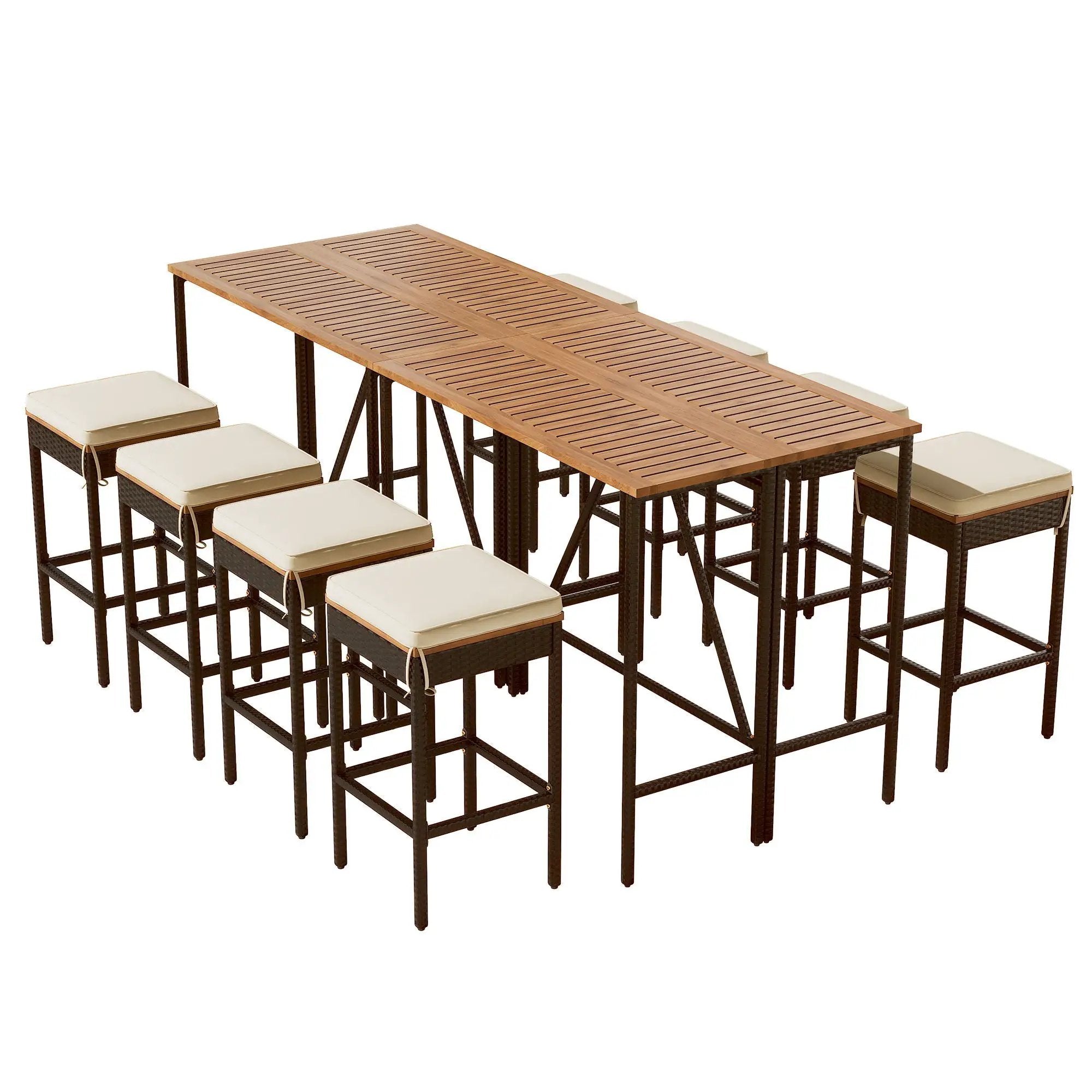 Outdoor Acacia Wood Bar Height Table And Eight Stools With Cushions by Unique Piece Furniture
